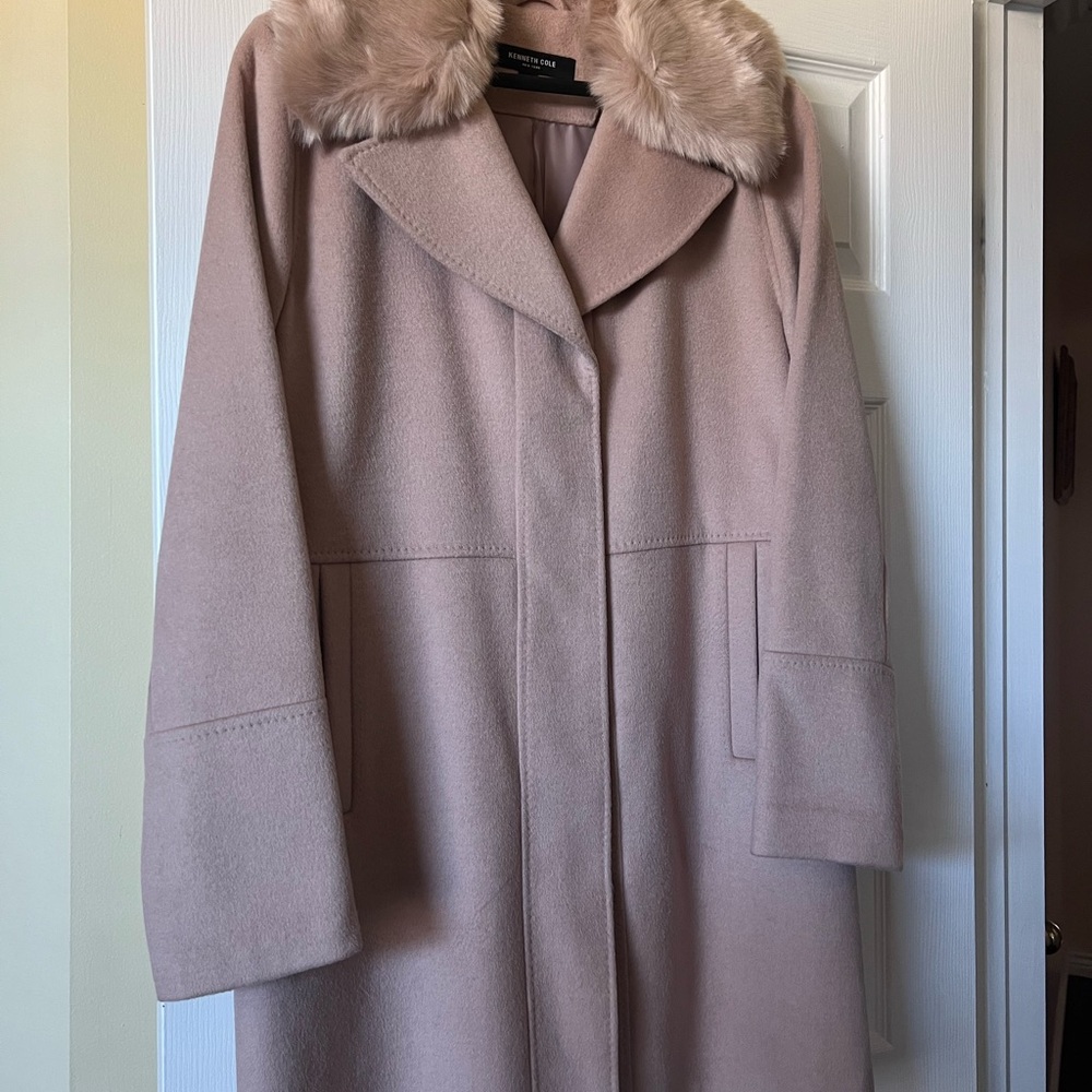 Women's Pink Coat with Faux Fur Collar